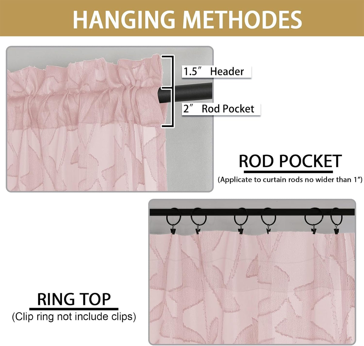 Leyna 14 Inch Blush Pink Valance for Windows 2 PCS Sheer Curtains, Jacquard Leaves Textured Small Kitchen Valances Curtain for Living Room Bedroom, Modern Rod Pocket Drapes, 40Wx14L Inch