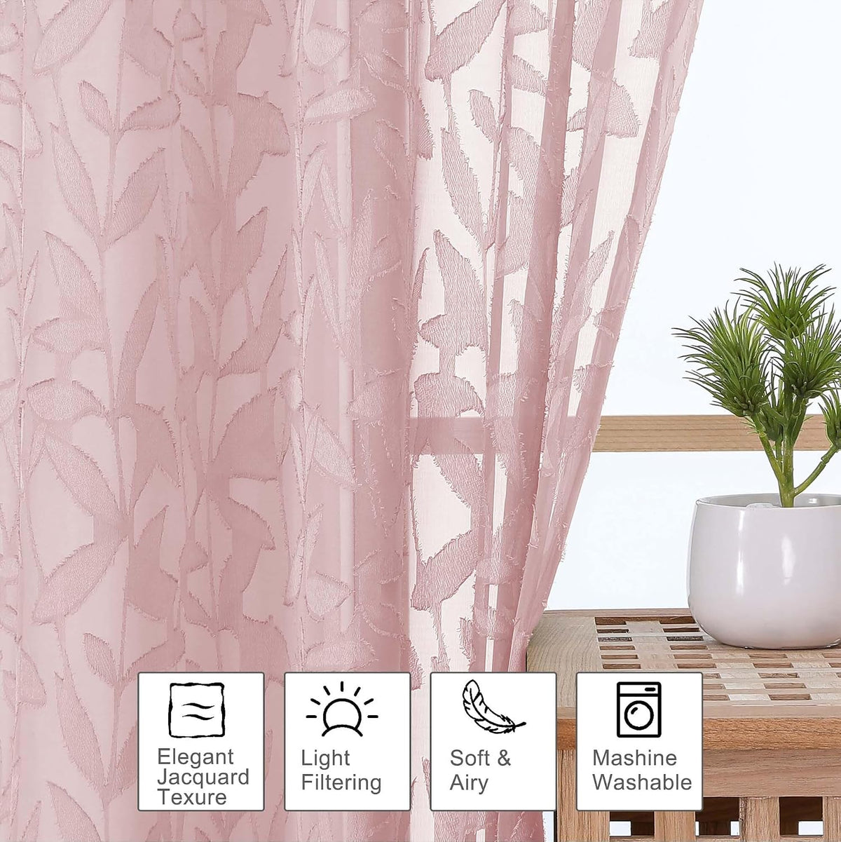 Leyna 14 Inch Blush Pink Valance for Windows 2 PCS Sheer Curtains, Jacquard Leaves Textured Small Kitchen Valances Curtain for Living Room Bedroom, Modern Rod Pocket Drapes, 40Wx14L Inch