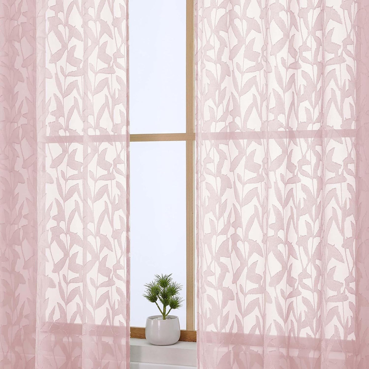 Leyna 14 Inch Blush Pink Valance for Windows 2 PCS Sheer Curtains, Jacquard Leaves Textured Small Kitchen Valances Curtain for Living Room Bedroom, Modern Rod Pocket Drapes, 40Wx14L Inch