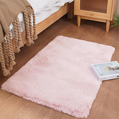 Ultra Soft Faux Rabbit Fur Rug 2x3, Machine Washable Area Rugs for Bedroom Fluffy Rugs for Living Room, no-Shedding Carpet Sheepskin Rug Pink