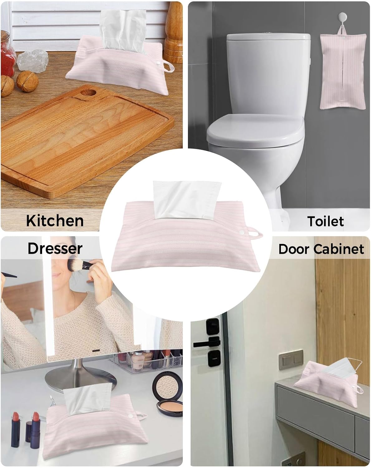 Tissues Box Cover Pink White Pinstripes Tissue Holder with Hanging Linen Organizer Dispenser Modern Lines Vertical Stripes Tissues Box Covers Rectangle for Bathroom Toilet Car Kitchen Tabletop 2 PCS