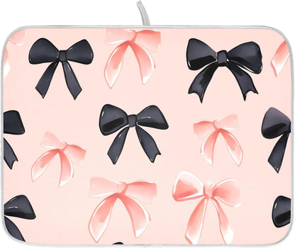Pink Black Bows Dish Drying Mat Kitchen Counter Mats Dish Drying Pad for Dishes Absorbent 16×18in