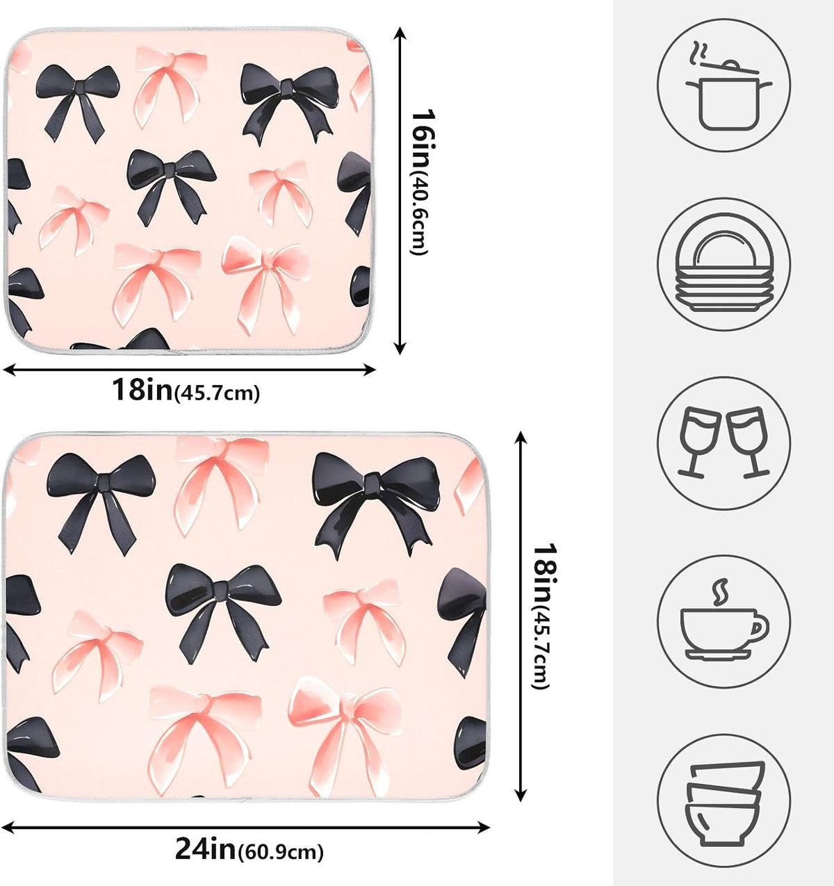 Pink Black Bows Dish Drying Mat Kitchen Counter Mats Dish Drying Pad for Dishes Absorbent 16×18in