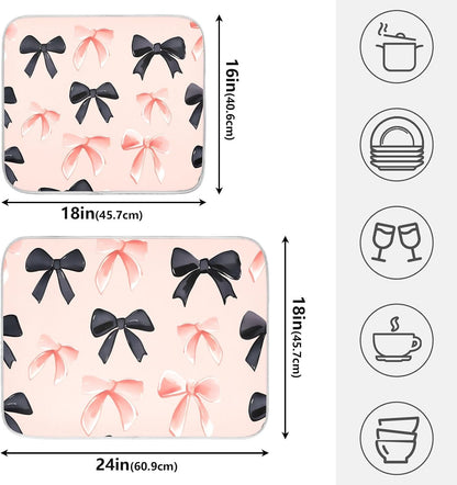 Pink Black Bows Dish Drying Mat Kitchen Counter Mats Dish Drying Pad for Dishes Absorbent 16×18in