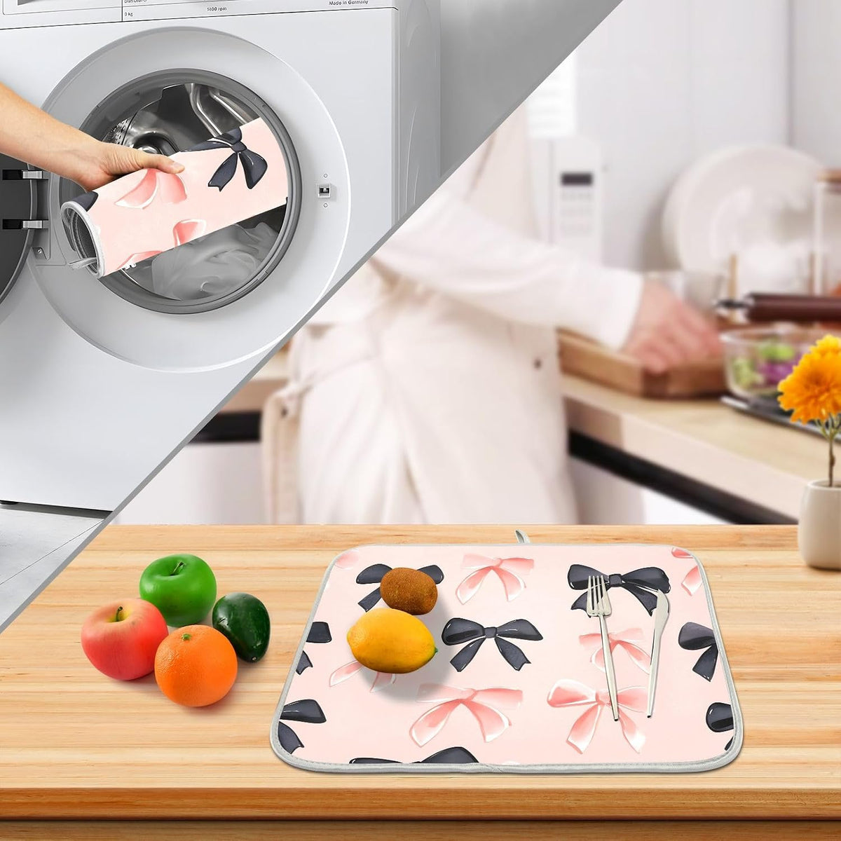 Pink Black Bows Dish Drying Mat Kitchen Counter Mats Dish Drying Pad for Dishes Absorbent 16×18in