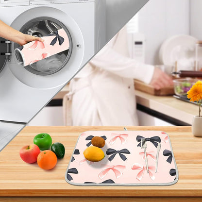 Pink Black Bows Dish Drying Mat Kitchen Counter Mats Dish Drying Pad for Dishes Absorbent 16×18in