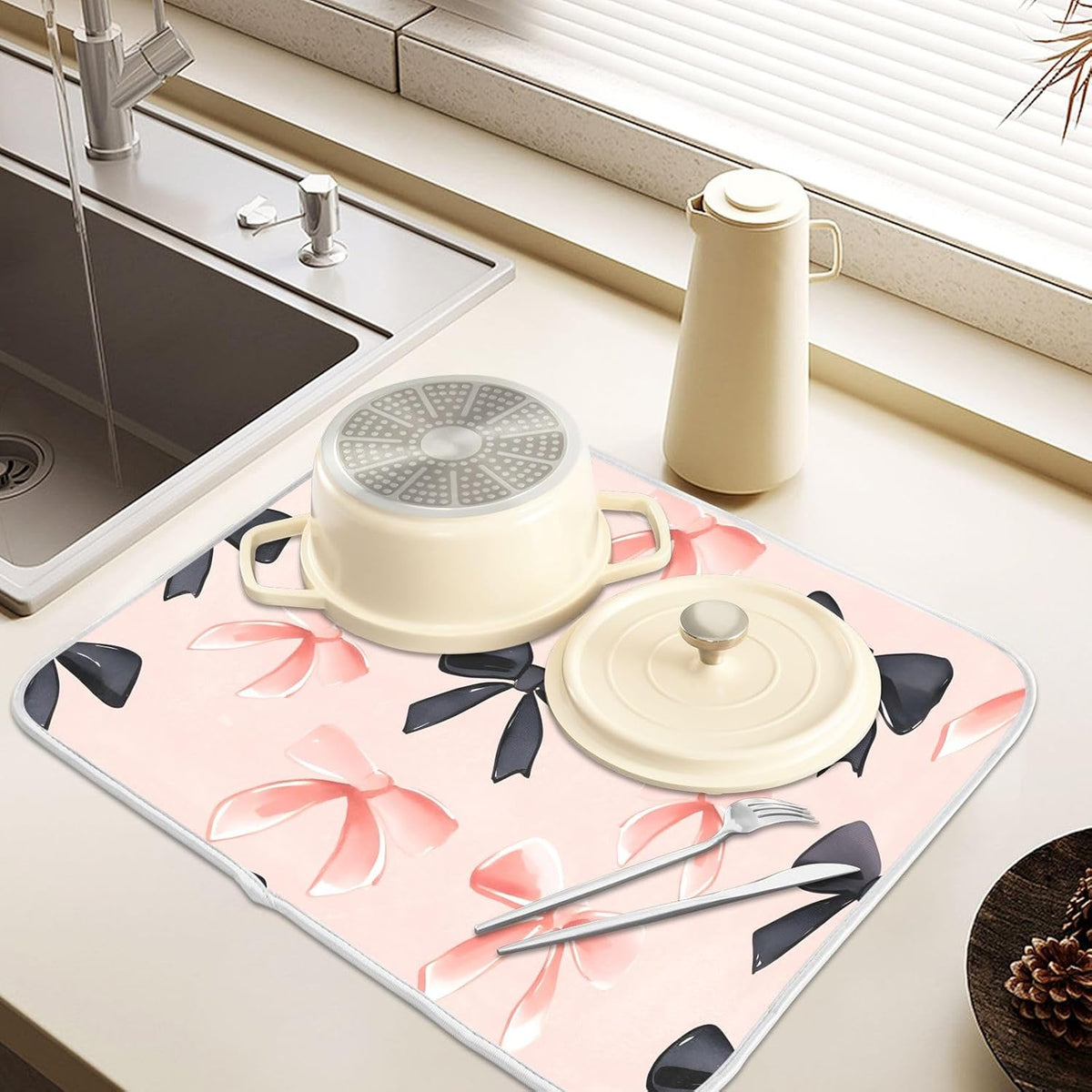 Pink Black Bows Dish Drying Mat Kitchen Counter Mats Dish Drying Pad for Dishes Absorbent 16×18in