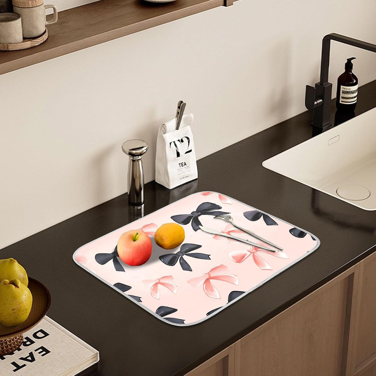 Pink Black Bows Dish Drying Mat Kitchen Counter Mats Dish Drying Pad for Dishes Absorbent 16×18in