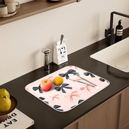 Pink Black Bows Dish Drying Mat Kitchen Counter Mats Dish Drying Pad for Dishes Absorbent 16×18in