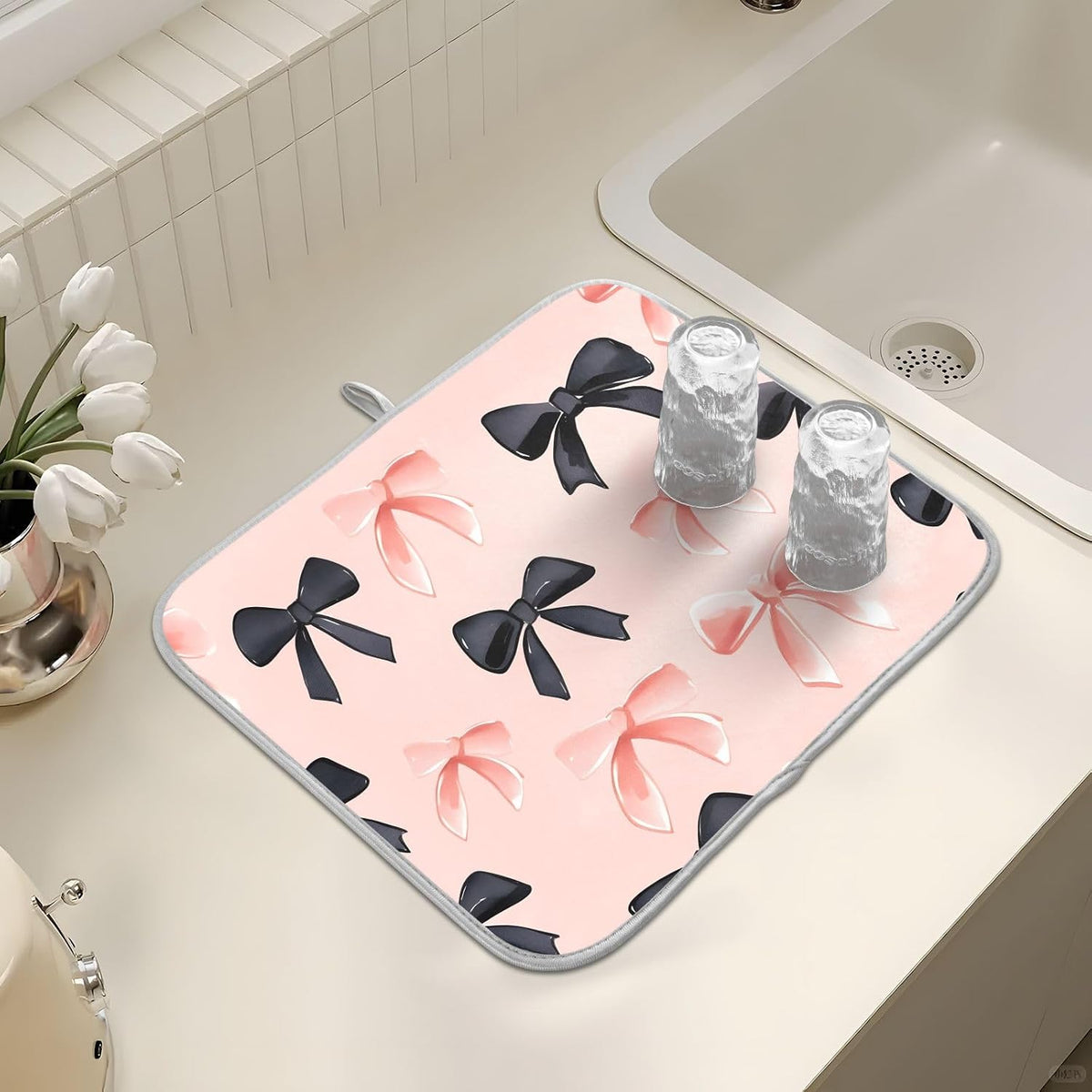 Pink Black Bows Dish Drying Mat Kitchen Counter Mats Dish Drying Pad for Dishes Absorbent 16×18in