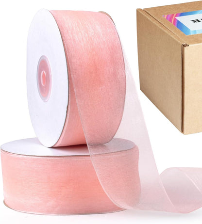 Blush Organza Sheer Ribbon 1.5" x 100 Yards, Blush Pink Ribbon Pink Chiffon Tulle Clear Fabric Ribbon for Gift Wrapping Christmas Wedding Flower Bouquet Hair Bows Crafts