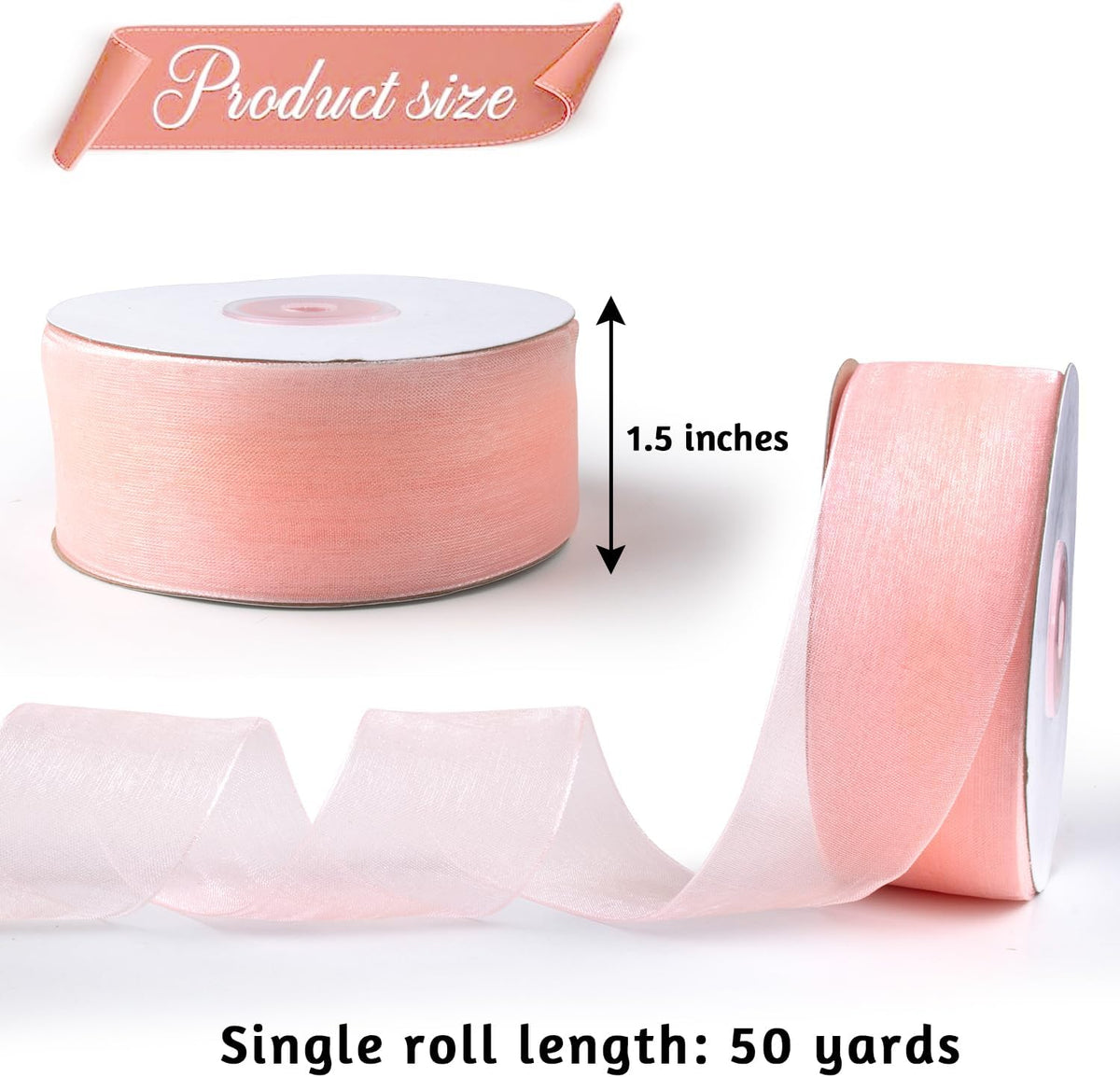 Blush Organza Sheer Ribbon 1.5" x 100 Yards, Blush Pink Ribbon Pink Chiffon Tulle Clear Fabric Ribbon for Gift Wrapping Christmas Wedding Flower Bouquet Hair Bows Crafts