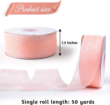 Blush Organza Sheer Ribbon 1.5" x 100 Yards, Blush Pink Ribbon Pink Chiffon Tulle Clear Fabric Ribbon for Gift Wrapping Christmas Wedding Flower Bouquet Hair Bows Crafts