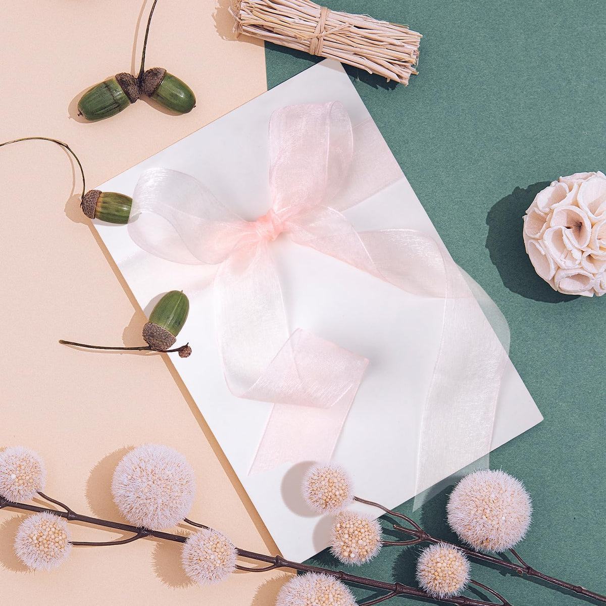 Blush Organza Sheer Ribbon 1.5" x 100 Yards, Blush Pink Ribbon Pink Chiffon Tulle Clear Fabric Ribbon for Gift Wrapping Christmas Wedding Flower Bouquet Hair Bows Crafts