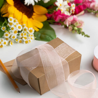 Blush Organza Sheer Ribbon 1.5" x 100 Yards, Blush Pink Ribbon Pink Chiffon Tulle Clear Fabric Ribbon for Gift Wrapping Christmas Wedding Flower Bouquet Hair Bows Crafts