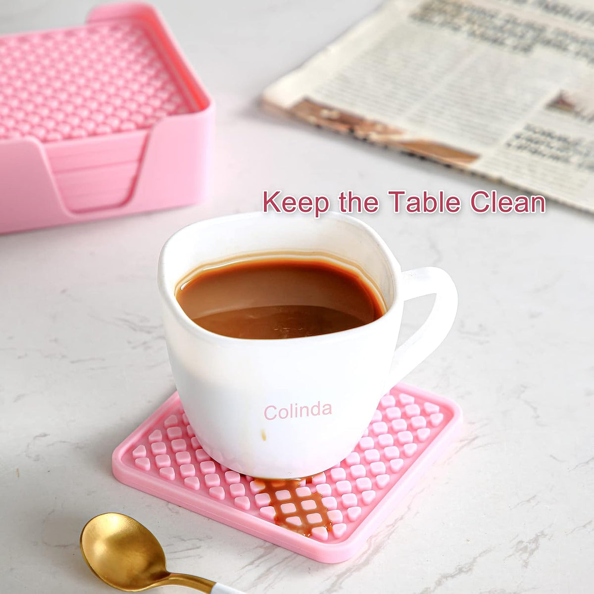 Silicone Drink Coasters with Holder, Set of 6, for Tabletop Protection and Office Desk, Cup Mat Set for Home Decor, Non-Slip and Non-Stick,Square, 4 Inch,Pink