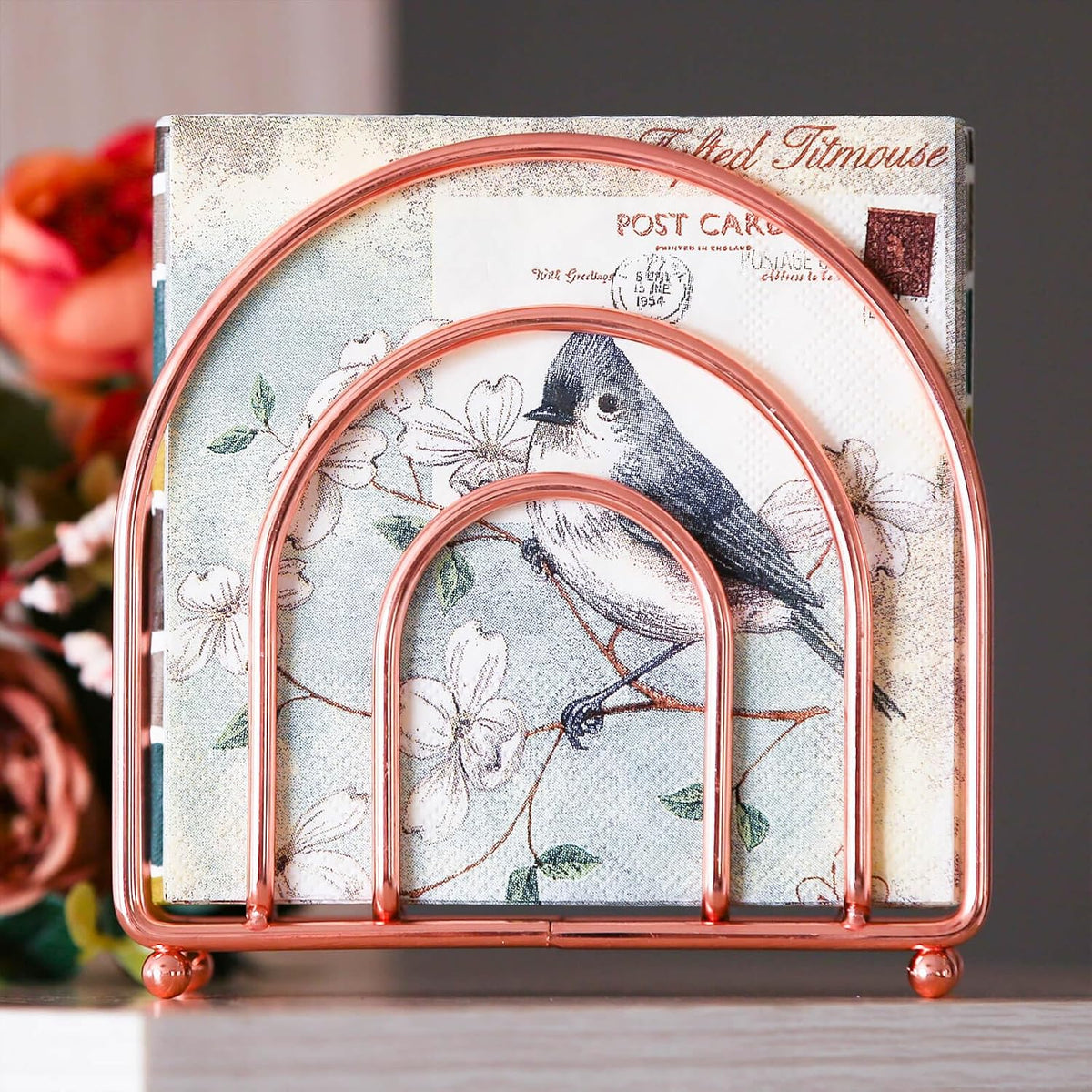 Napkin Holder for Home, Kitchen & Hotel, Paper Dispenser Decor for Table Countertop Kitchen, Dining Table Upright Metal Tissue Holder Organization, Rose Gold