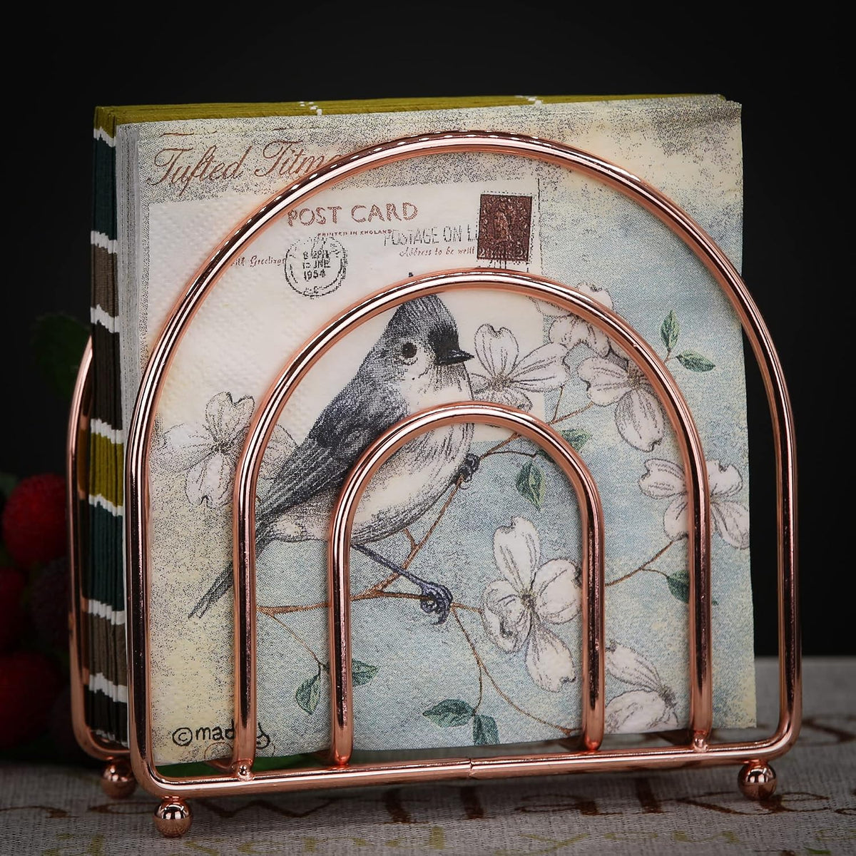 Napkin Holder for Home, Kitchen & Hotel, Paper Dispenser Decor for Table Countertop Kitchen, Dining Table Upright Metal Tissue Holder Organization, Rose Gold