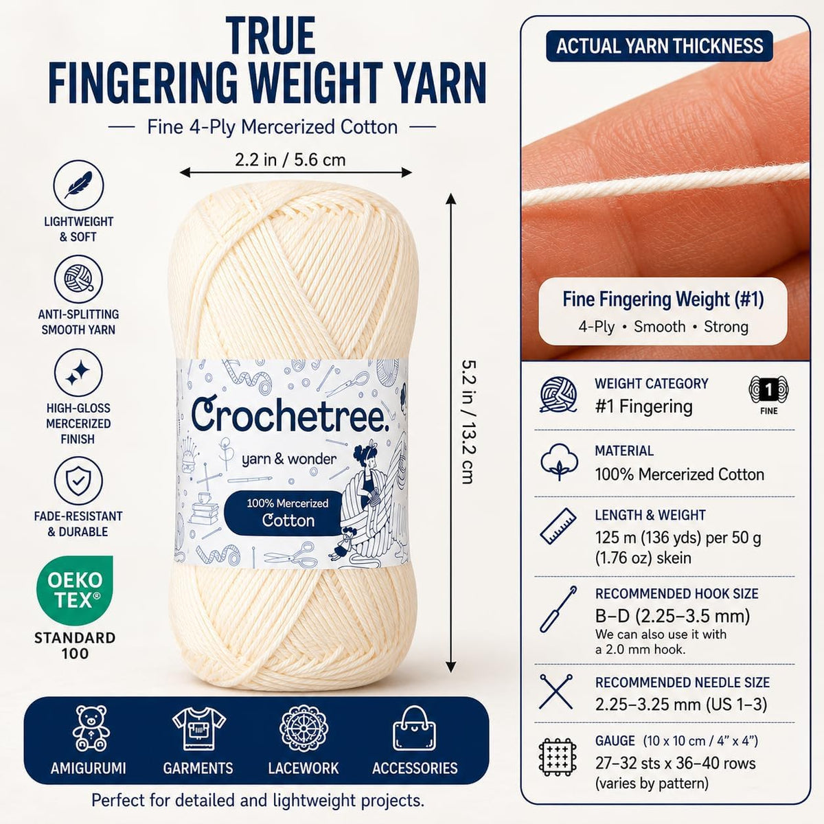 Premium Mercerized Cotton Yarn for Crochet & Knitting – Fingering Weight 4-Ply, 50g (1.76 oz) / 125 m (136 yds), High-Gloss, Anti-Splitting, Fade-Resistant Cotton (Pink Shades)