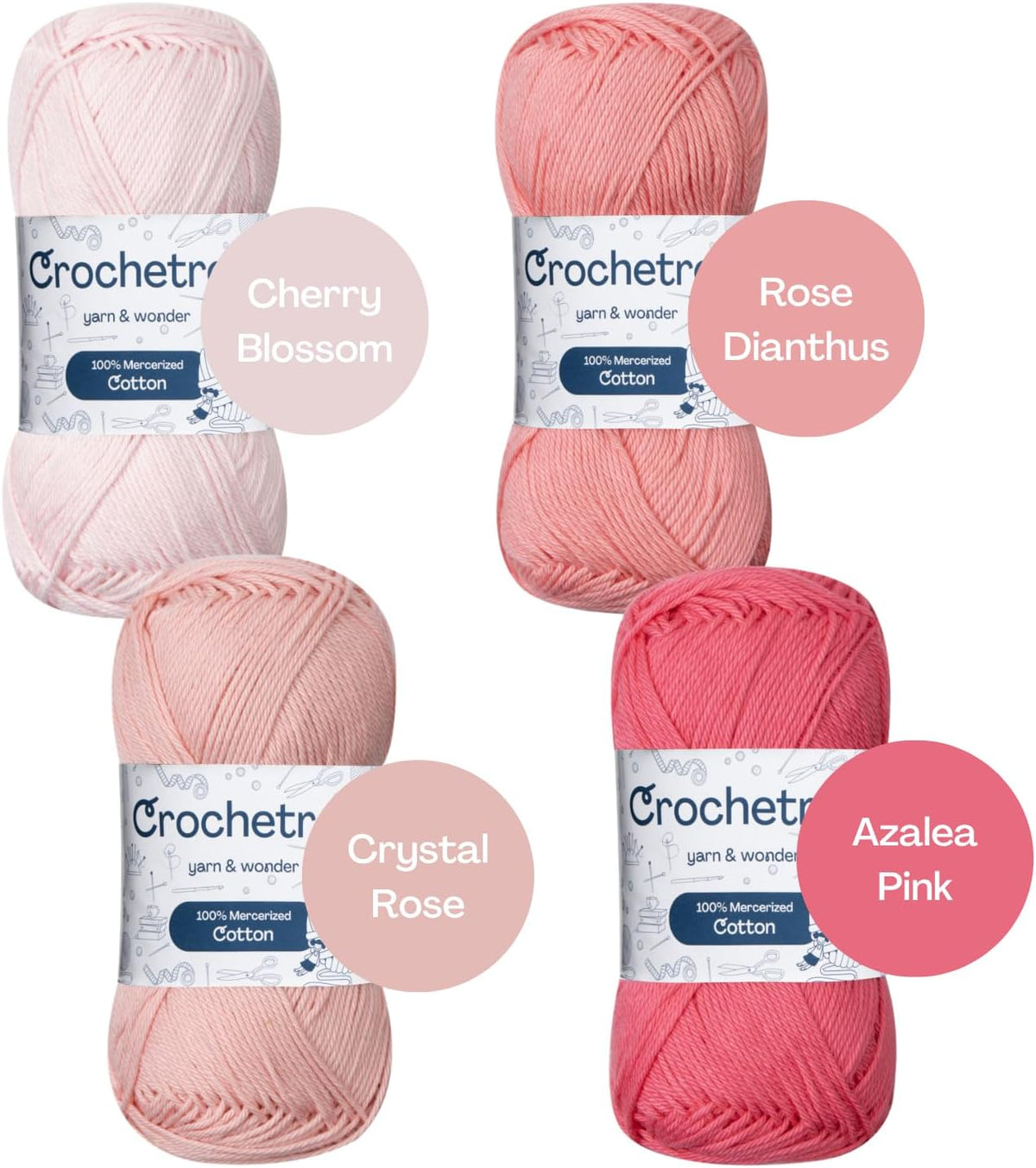 Premium Mercerized Cotton Yarn for Crochet & Knitting – Fingering Weight 4-Ply, 50g (1.76 oz) / 125 m (136 yds), High-Gloss, Anti-Splitting, Fade-Resistant Cotton (Pink Shades)