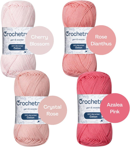 Premium Mercerized Cotton Yarn for Crochet & Knitting – Fingering Weight 4-Ply, 50g (1.76 oz) / 125 m (136 yds), High-Gloss, Anti-Splitting, Fade-Resistant Cotton (Pink Shades)