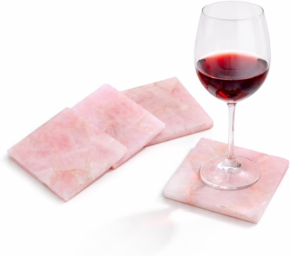 4 inch Natural Rose Quartz Gemstone Pink Coasters Set of 4 | Geode Crystal Drink Coasters, Farmhouse Coffee Table Décor, Non - Slip Backing Wine & Bar Stone Coasters, Housewarming & Wedding Gift