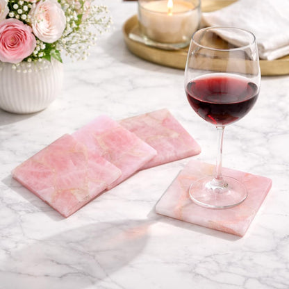 4 inch Natural Rose Quartz Gemstone Pink Coasters Set of 4 | Geode Crystal Drink Coasters, Farmhouse Coffee Table Décor, Non - Slip Backing Wine & Bar Stone Coasters, Housewarming & Wedding Gift
