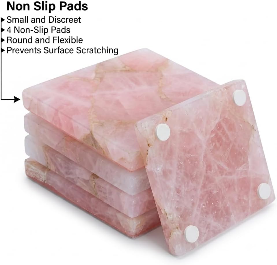 4 inch Natural Rose Quartz Gemstone Pink Coasters Set of 4 | Geode Crystal Drink Coasters, Farmhouse Coffee Table Décor, Non - Slip Backing Wine & Bar Stone Coasters, Housewarming & Wedding Gift
