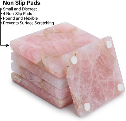 4 inch Natural Rose Quartz Gemstone Pink Coasters Set of 4 | Geode Crystal Drink Coasters, Farmhouse Coffee Table Décor, Non - Slip Backing Wine & Bar Stone Coasters, Housewarming & Wedding Gift