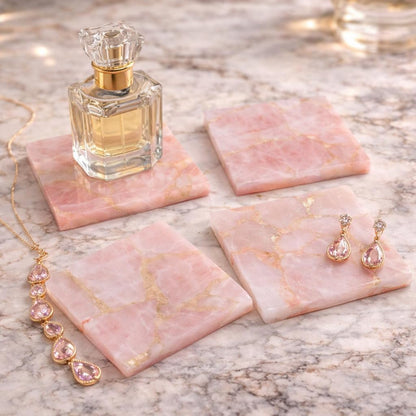 4 inch Natural Rose Quartz Gemstone Pink Coasters Set of 4 | Geode Crystal Drink Coasters, Farmhouse Coffee Table Décor, Non - Slip Backing Wine & Bar Stone Coasters, Housewarming & Wedding Gift