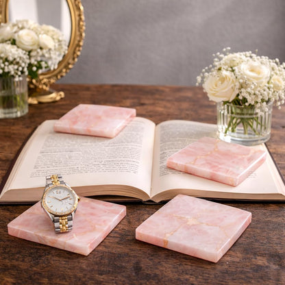 4 inch Natural Rose Quartz Gemstone Pink Coasters Set of 4 | Geode Crystal Drink Coasters, Farmhouse Coffee Table Décor, Non - Slip Backing Wine & Bar Stone Coasters, Housewarming & Wedding Gift
