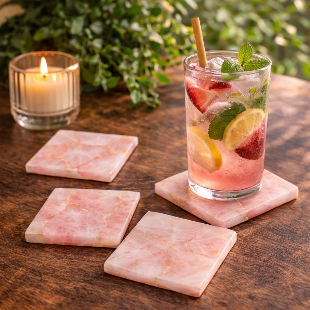 4 inch Natural Rose Quartz Gemstone Pink Coasters Set of 4 | Geode Crystal Drink Coasters, Farmhouse Coffee Table Décor, Non - Slip Backing Wine & Bar Stone Coasters, Housewarming & Wedding Gift