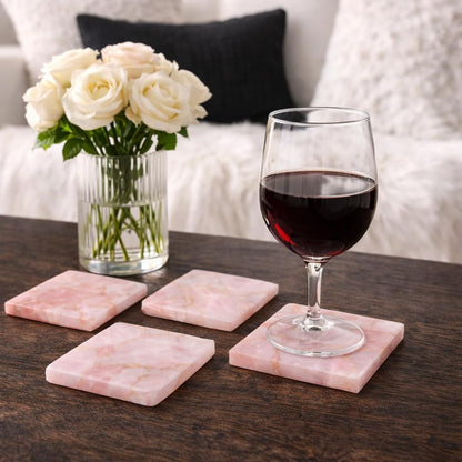 4 inch Natural Rose Quartz Gemstone Pink Coasters Set of 4 | Geode Crystal Drink Coasters, Farmhouse Coffee Table Décor, Non - Slip Backing Wine & Bar Stone Coasters, Housewarming & Wedding Gift