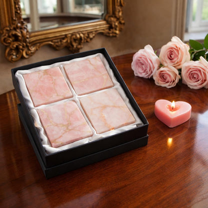 4 inch Natural Rose Quartz Gemstone Pink Coasters Set of 4 | Geode Crystal Drink Coasters, Farmhouse Coffee Table Décor, Non - Slip Backing Wine & Bar Stone Coasters, Housewarming & Wedding Gift