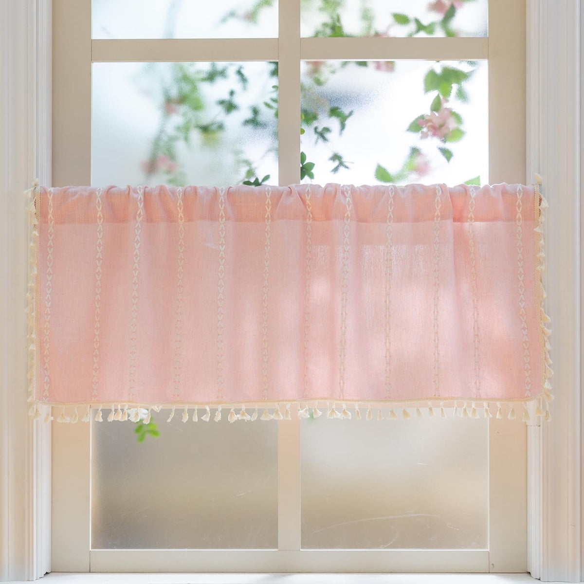 Pink Farmhouse Boho Curtains - 1 Panel Bohemian Short Cafe Window Curtains with Tassels, Semi Blackout Striped Tier and Valance for Kitchen Bathroom, Rod Pocket, Pink, 52" W x 18" L