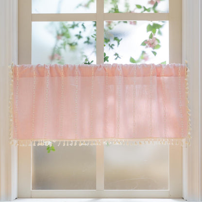 Pink Farmhouse Boho Curtains - 1 Panel Bohemian Short Cafe Window Curtains with Tassels, Semi Blackout Striped Tier and Valance for Kitchen Bathroom, Rod Pocket, Pink, 52" W x 18" L