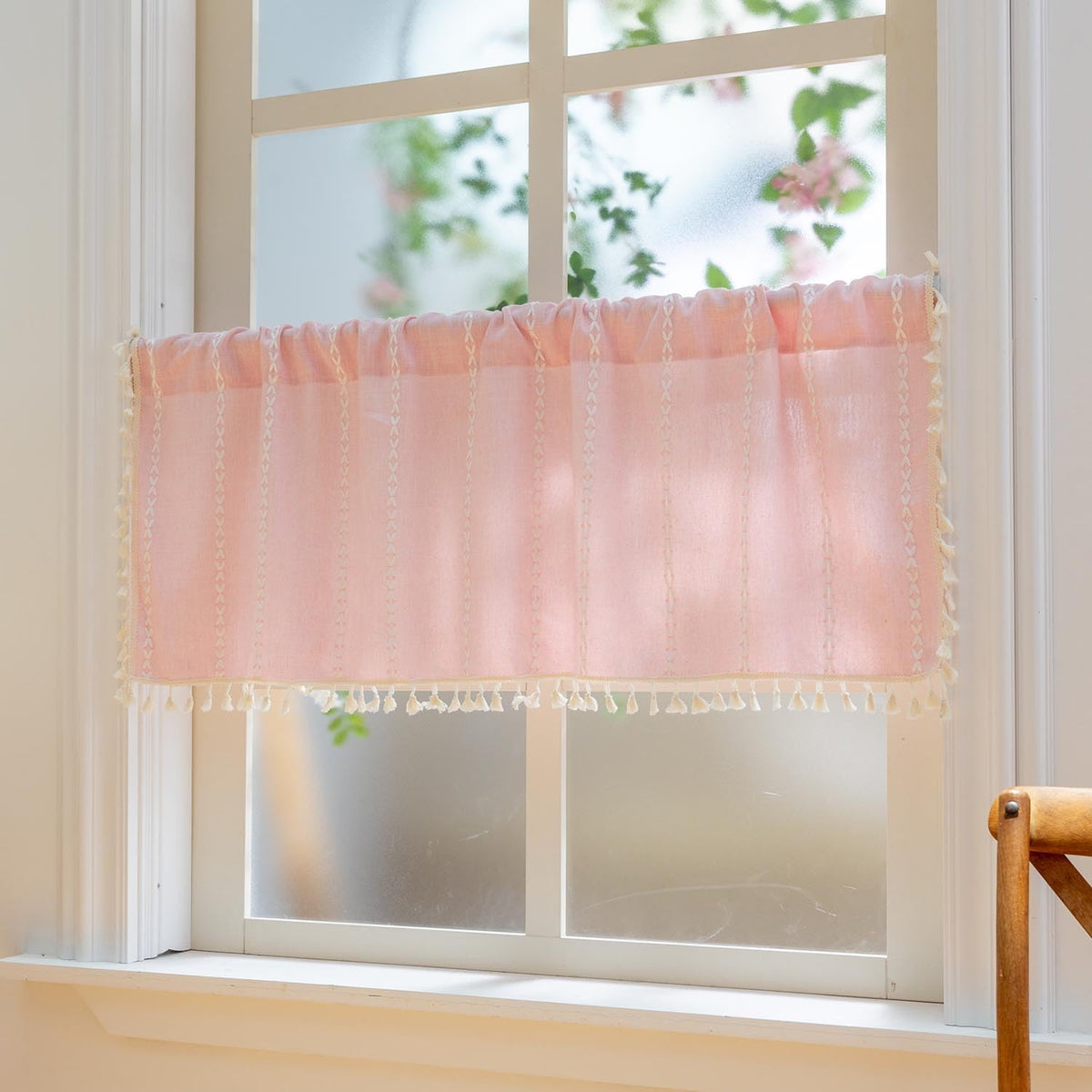 Pink Farmhouse Boho Curtains - 1 Panel Bohemian Short Cafe Window Curtains with Tassels, Semi Blackout Striped Tier and Valance for Kitchen Bathroom, Rod Pocket, Pink, 52" W x 18" L
