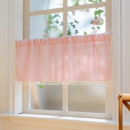 Pink Farmhouse Boho Curtains - 1 Panel Bohemian Short Cafe Window Curtains with Tassels, Semi Blackout Striped Tier and Valance for Kitchen Bathroom, Rod Pocket, Pink, 52" W x 18" L