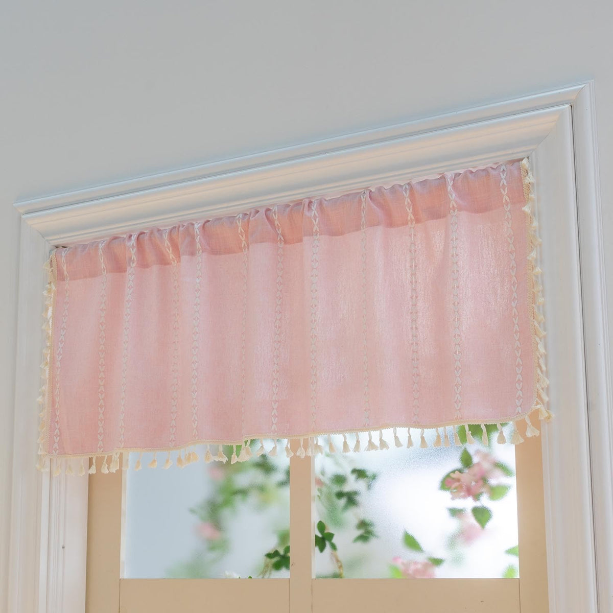 Pink Farmhouse Boho Curtains - 1 Panel Bohemian Short Cafe Window Curtains with Tassels, Semi Blackout Striped Tier and Valance for Kitchen Bathroom, Rod Pocket, Pink, 52" W x 18" L