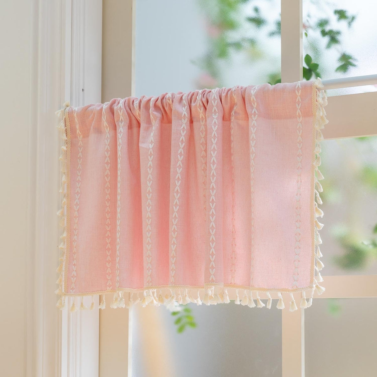Pink Farmhouse Boho Curtains - 1 Panel Bohemian Short Cafe Window Curtains with Tassels, Semi Blackout Striped Tier and Valance for Kitchen Bathroom, Rod Pocket, Pink, 52" W x 18" L