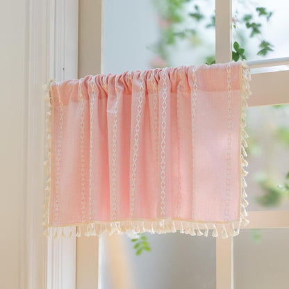 Pink Farmhouse Boho Curtains - 1 Panel Bohemian Short Cafe Window Curtains with Tassels, Semi Blackout Striped Tier and Valance for Kitchen Bathroom, Rod Pocket, Pink, 52" W x 18" L