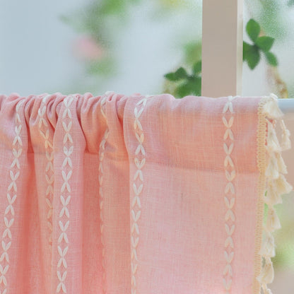 Pink Farmhouse Boho Curtains - 1 Panel Bohemian Short Cafe Window Curtains with Tassels, Semi Blackout Striped Tier and Valance for Kitchen Bathroom, Rod Pocket, Pink, 52" W x 18" L