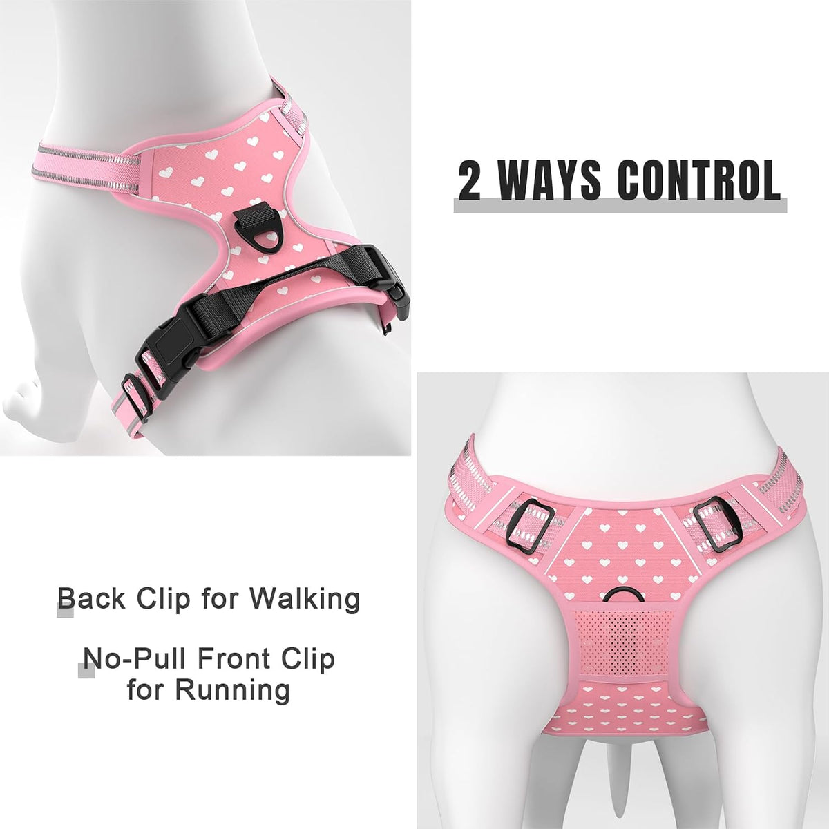 No Pull Dog Harness, Cute Reflective Extra Small Sized Puppy Harness, Adjustable Soft Padded Vest for Small Dogs, Cats, Heavy Duty Pet Vest with Easy Control Handle for Walking, Pink Hearts