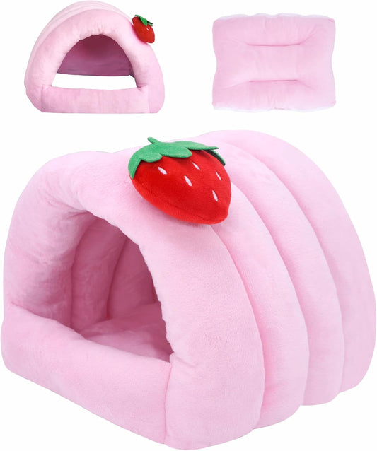3 in 1 Guinea Pig Hideout Detachable, Warm Fleece Guinea Pig Bed Washable, Multipurpose Small Animal House Bed for Rabbit, Ferret, Hedgehog, Rat and Chinchilla Cage Accessories (Medium, Pink)