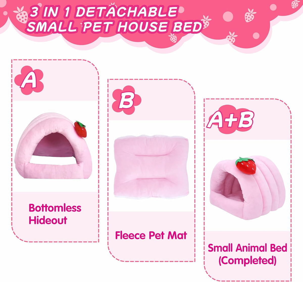 3 in 1 Guinea Pig Hideout Detachable, Warm Fleece Guinea Pig Bed Washable, Multipurpose Small Animal House Bed for Rabbit, Ferret, Hedgehog, Rat and Chinchilla Cage Accessories (Medium, Pink)