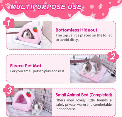 3 in 1 Guinea Pig Hideout Detachable, Warm Fleece Guinea Pig Bed Washable, Multipurpose Small Animal House Bed for Rabbit, Ferret, Hedgehog, Rat and Chinchilla Cage Accessories (Medium, Pink)