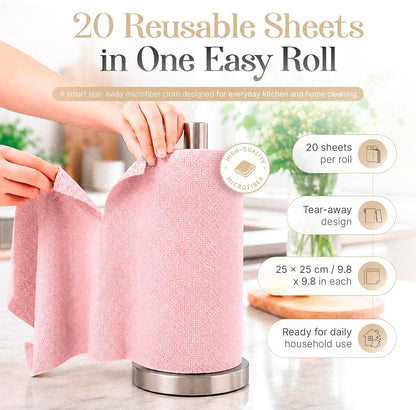 Microfiber Cleaning Cloth Roll 20 Sheets 11" x 10" Tear Away Microfiber Towel Roll Reusable Paper Towels Washable Ultra Absorbent Lint-Free Cleaning Cloths for Kitchen, Car and Home Use, Pink