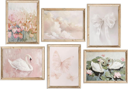 6Pcs Coquette Cute Wall Art Wall Art Swan Pink Butterfly Wall Decor Unframe