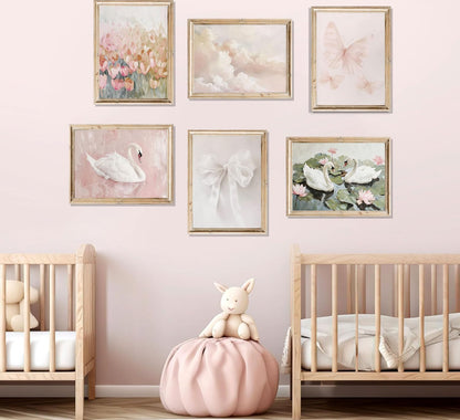6Pcs Coquette Cute Wall Art Wall Art Swan Pink Butterfly Wall Decor Unframe