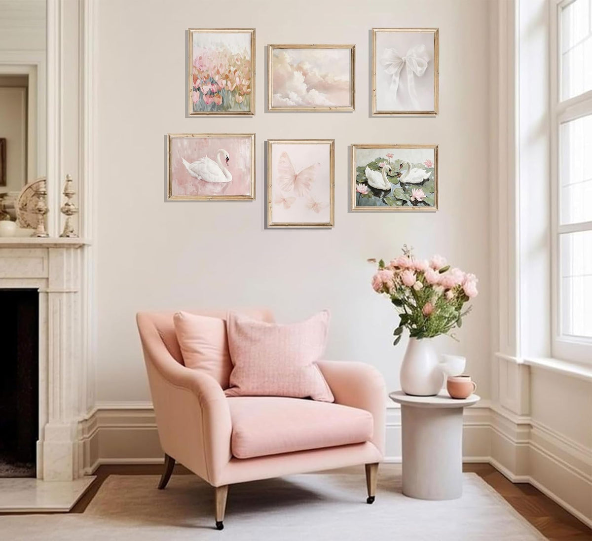 6Pcs Coquette Cute Wall Art Wall Art Swan Pink Butterfly Wall Decor Unframe